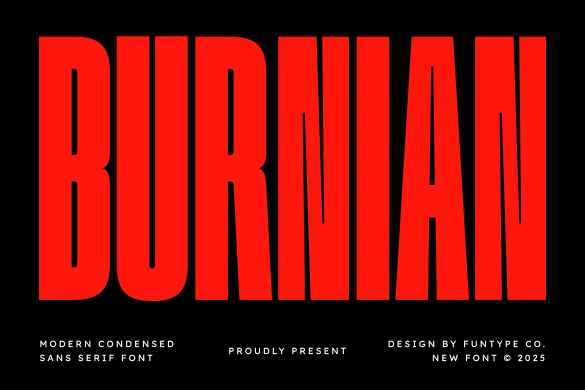 Burnian Font preview with tall bold condensed red sans serif lettering