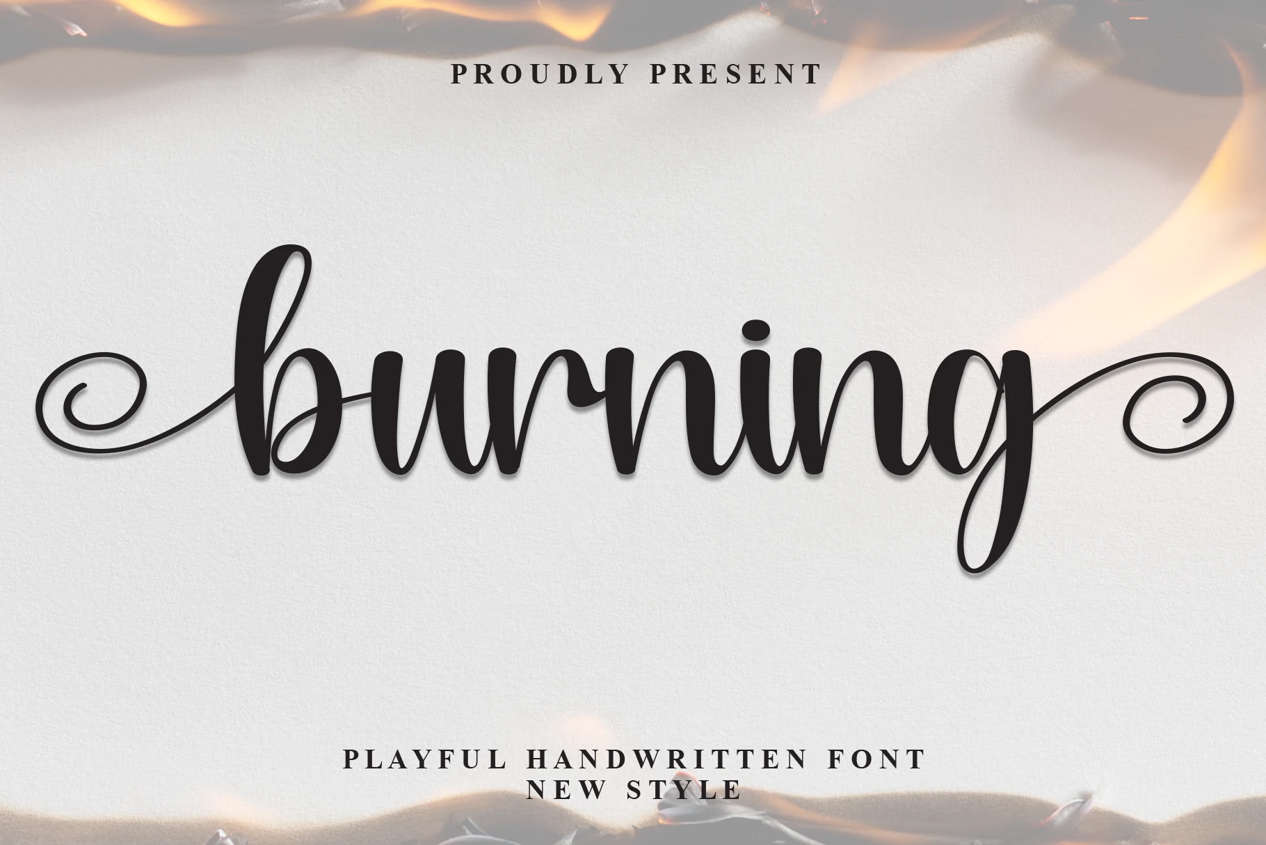Burning Font preview with bold connected black script lettering and long curled swashes