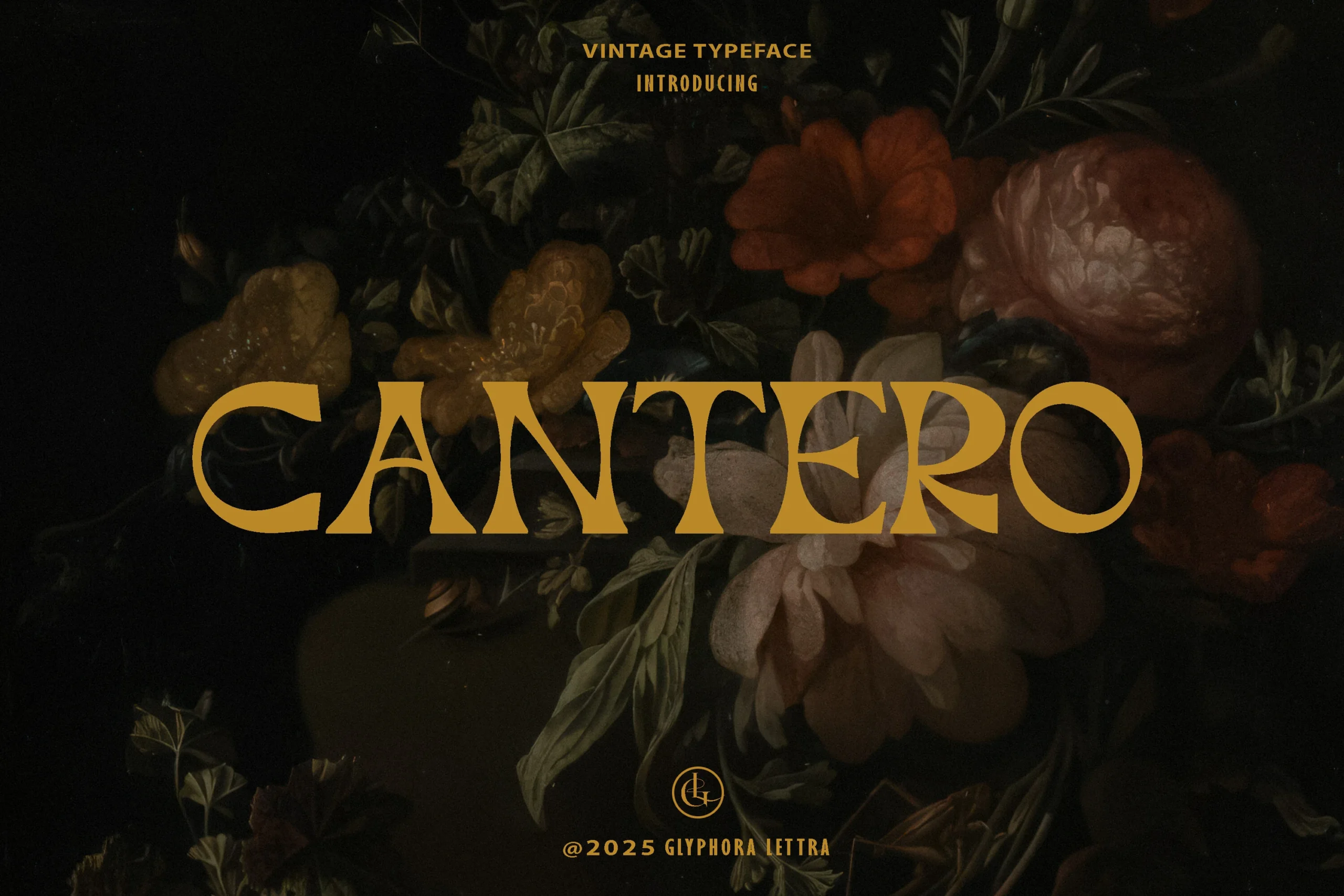 Cantero Font preview with gold high-contrast vintage serif lettering
