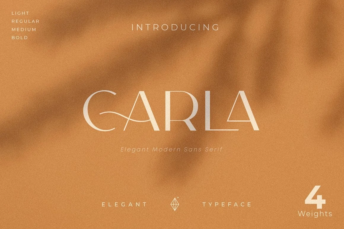 Carla Font preview with light cream sans serif lettering, thin strokes, and an elegant curved C