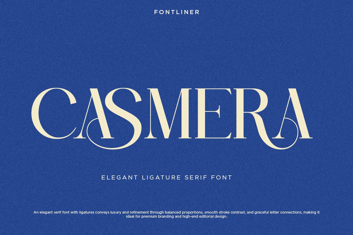 Casmera Font preview in elegant cream serif capitals with decorative ligature loops