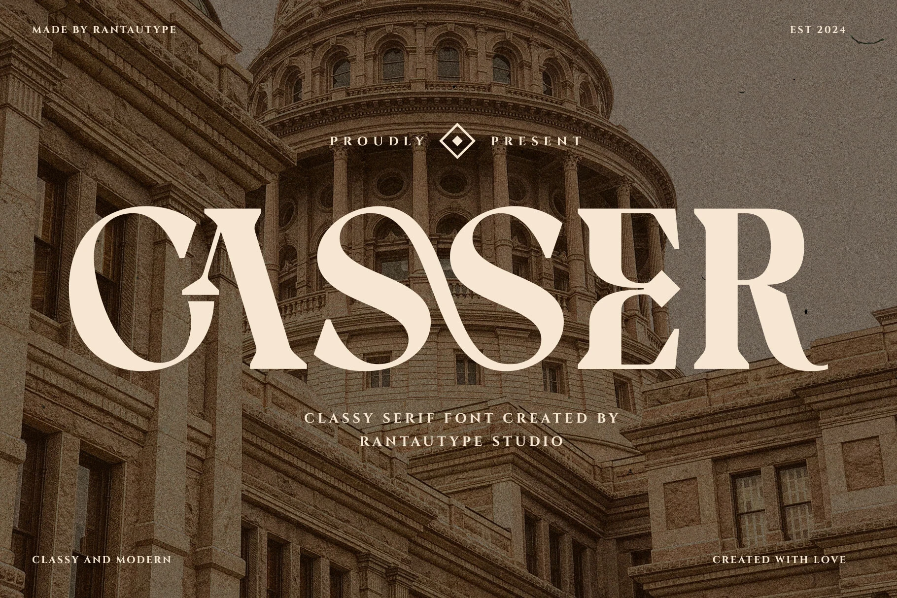 Casser Font preview in cream display serif lettering with high-contrast curves over an architectural background