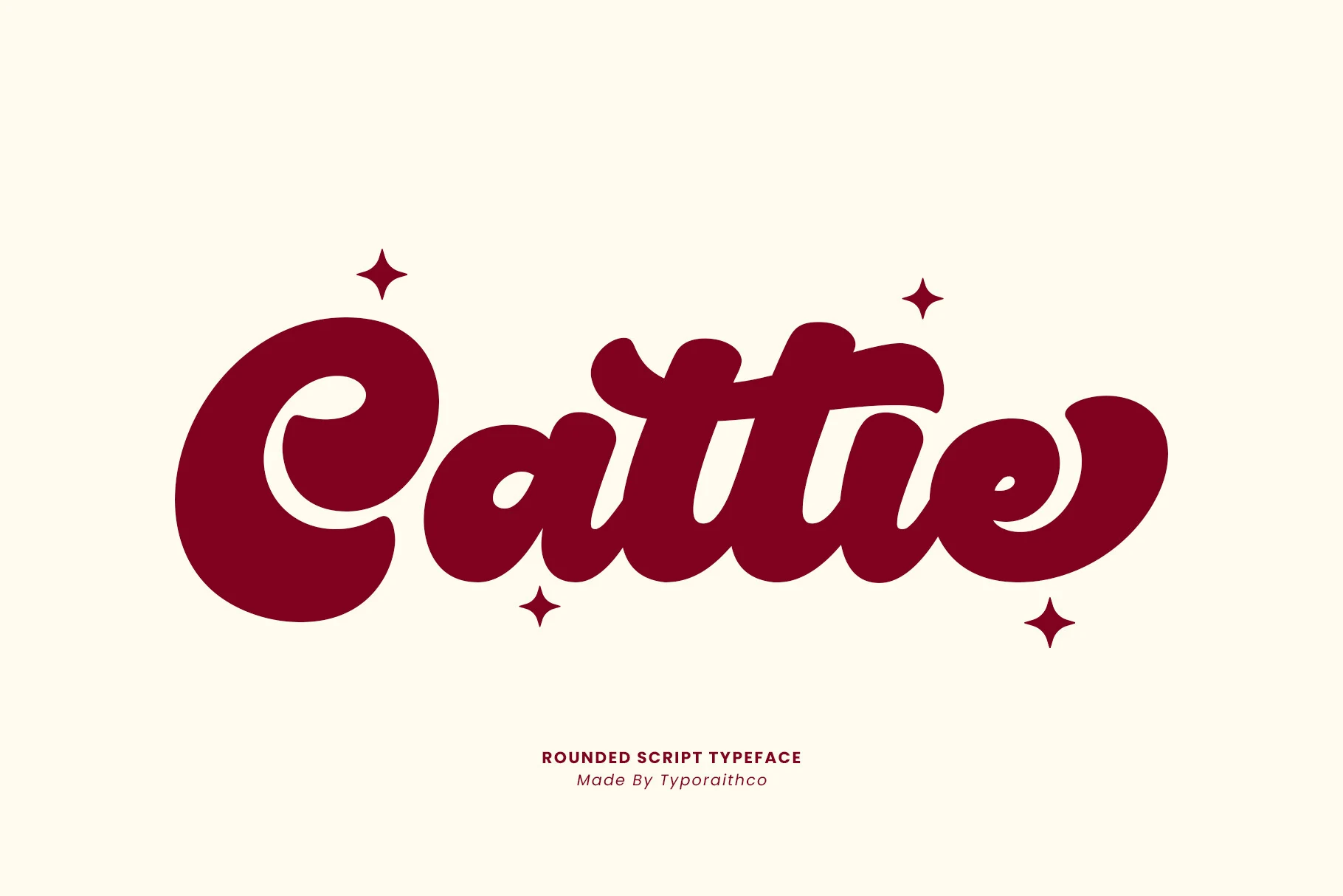 Cattie Font rounded retro script in dark red with thick bubbly letters