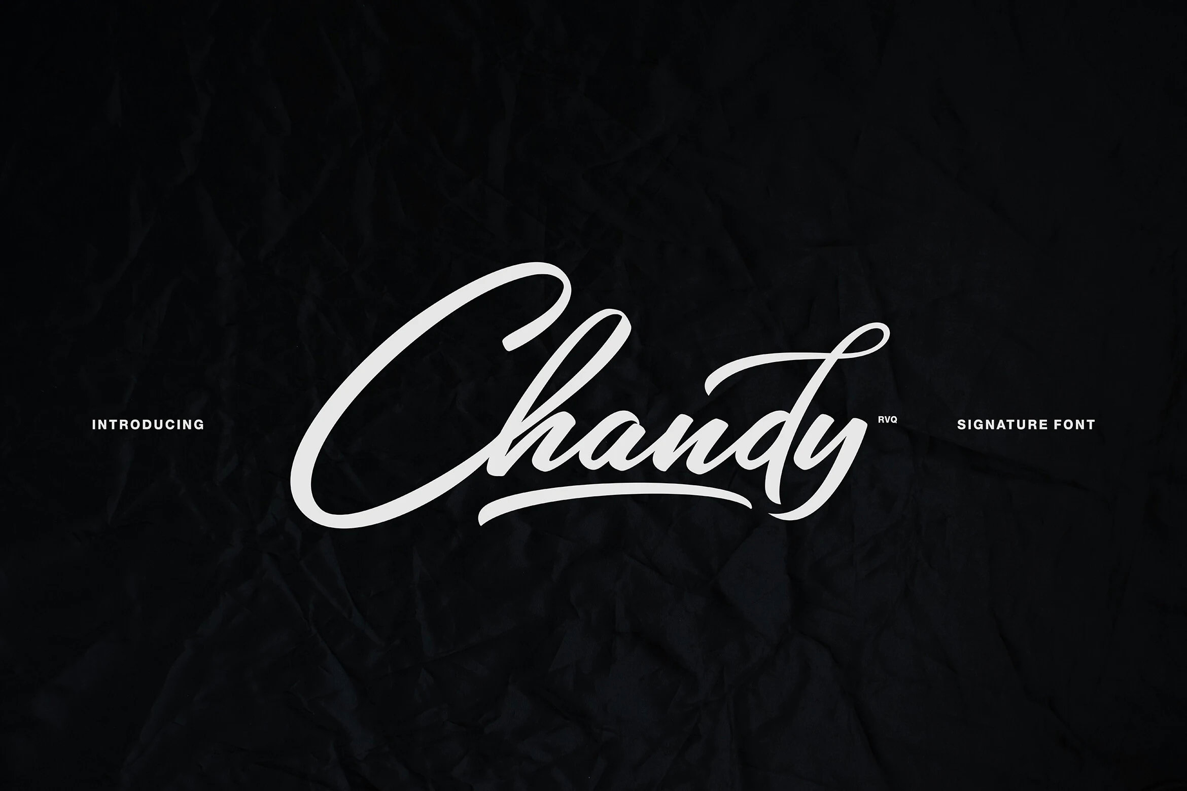 Chandy Signature Font preview in bold white signature script with a sweeping C and underline swash