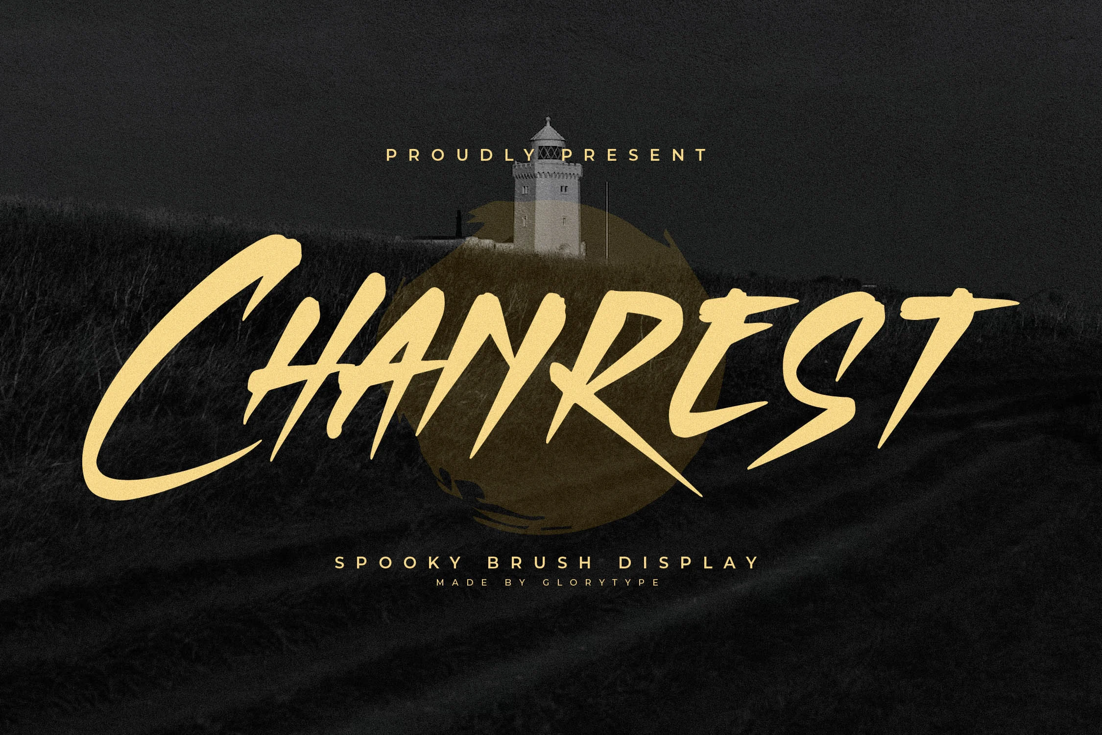 Chanrest Font preview in angular gold brush lettering with sharp strokes and an edgy handwritten style