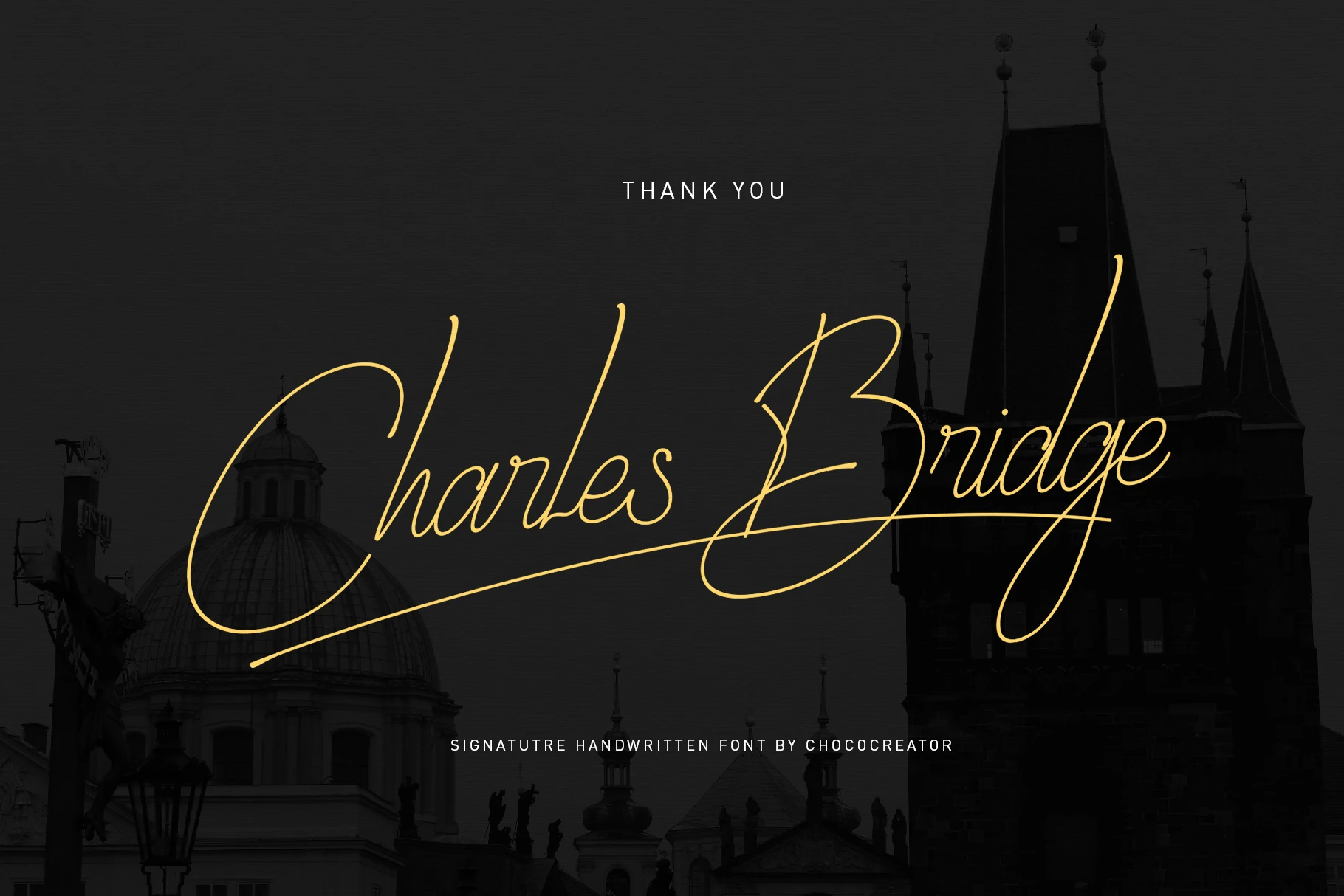 Charles Bridge Signature Handwritten Font preview showing gold elegant signature script with large loops and a long underline swash