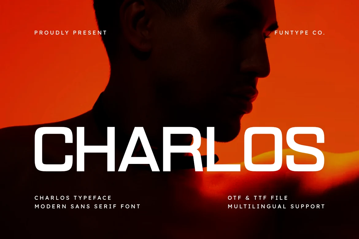 Charlos Font preview in wide geometric sans serif lettering with rounded corners for branding