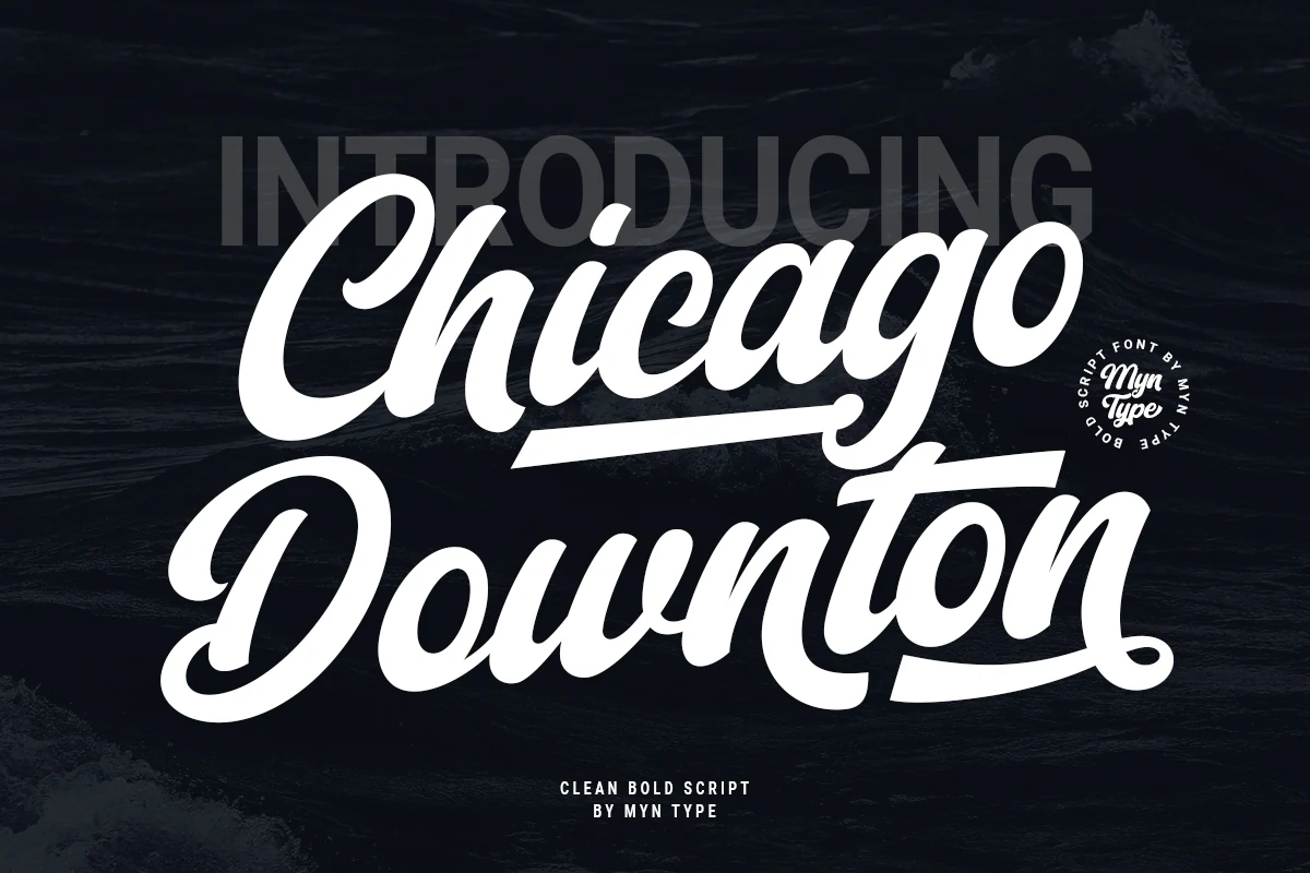 Chicago Downton Font preview with bold white vintage script and sweeping baseball-style swashes