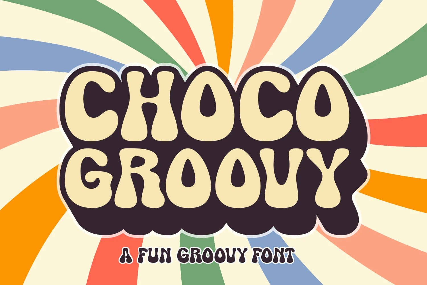 Choco Groovy Font preview with cream rounded retro lettering and a bold dark brown backing shape