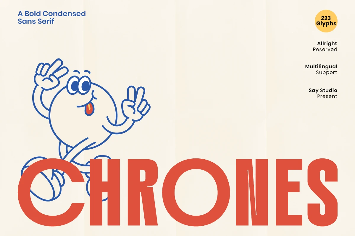 Chrones Font preview with bold condensed sans serif lettering and tall geometric forms