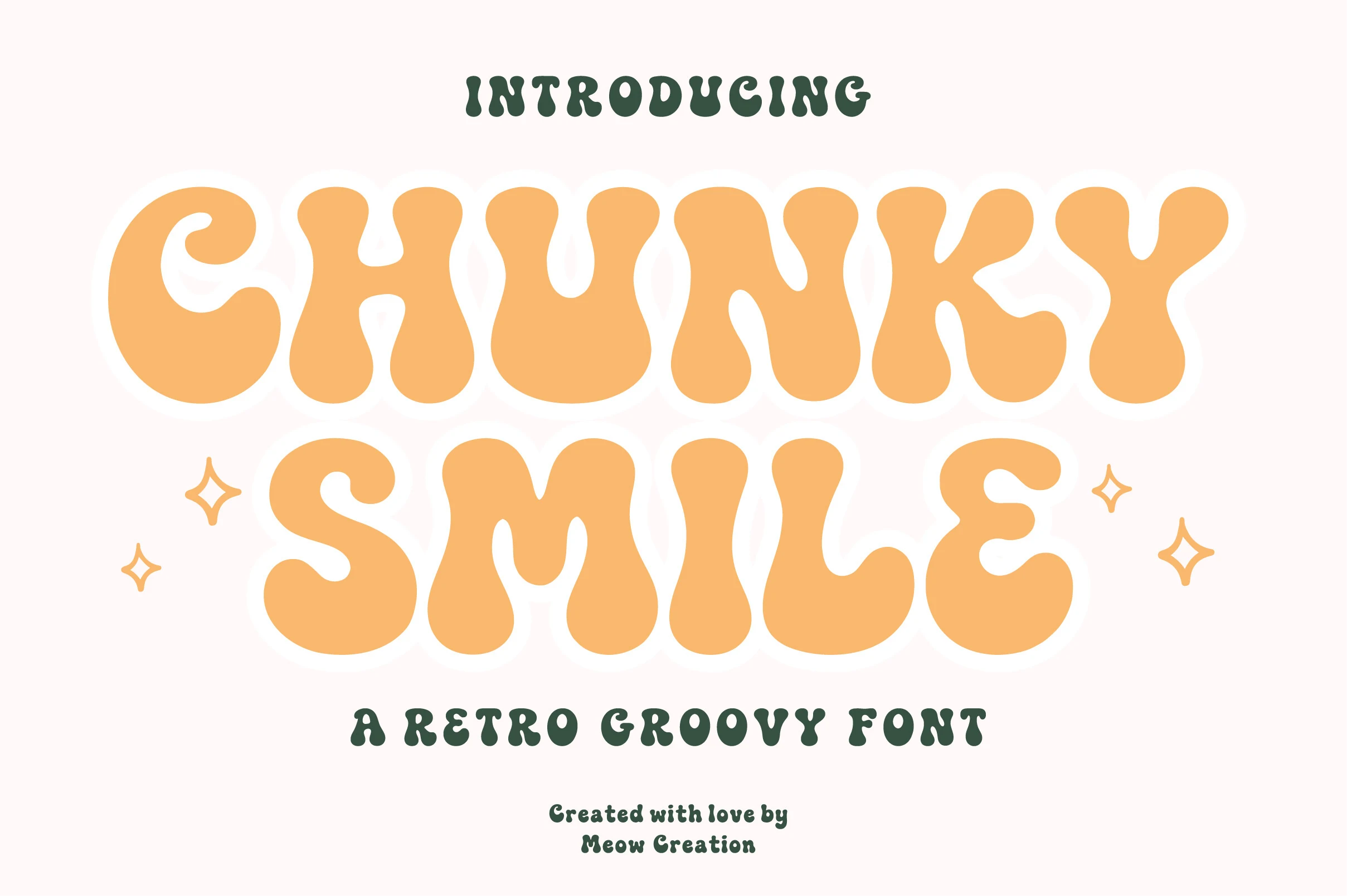 Chunky Smile Font preview with rounded mustard retro lettering and soft droplet-shaped curves