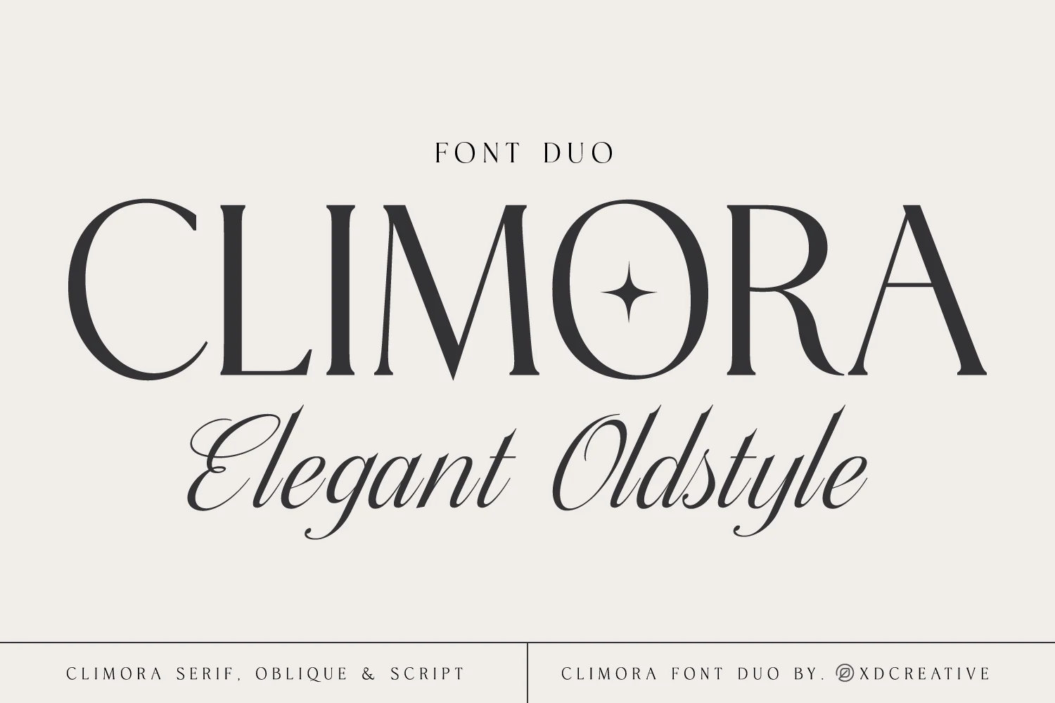 Climora Duo Font preview with tall serif capitals and flowing script lettering