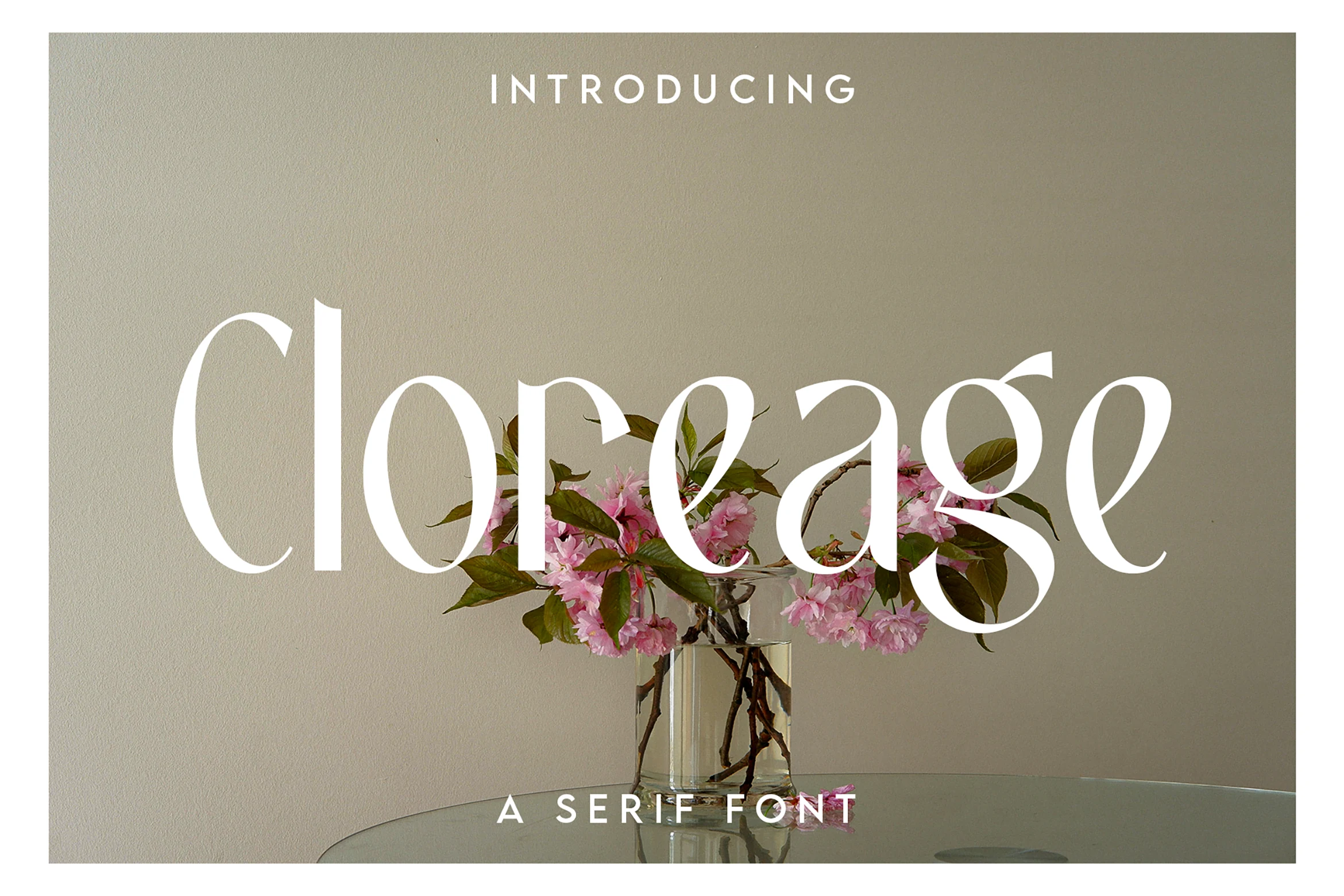 Cloreage Font preview in white minimalist serif lettering with refined curves and high contrast