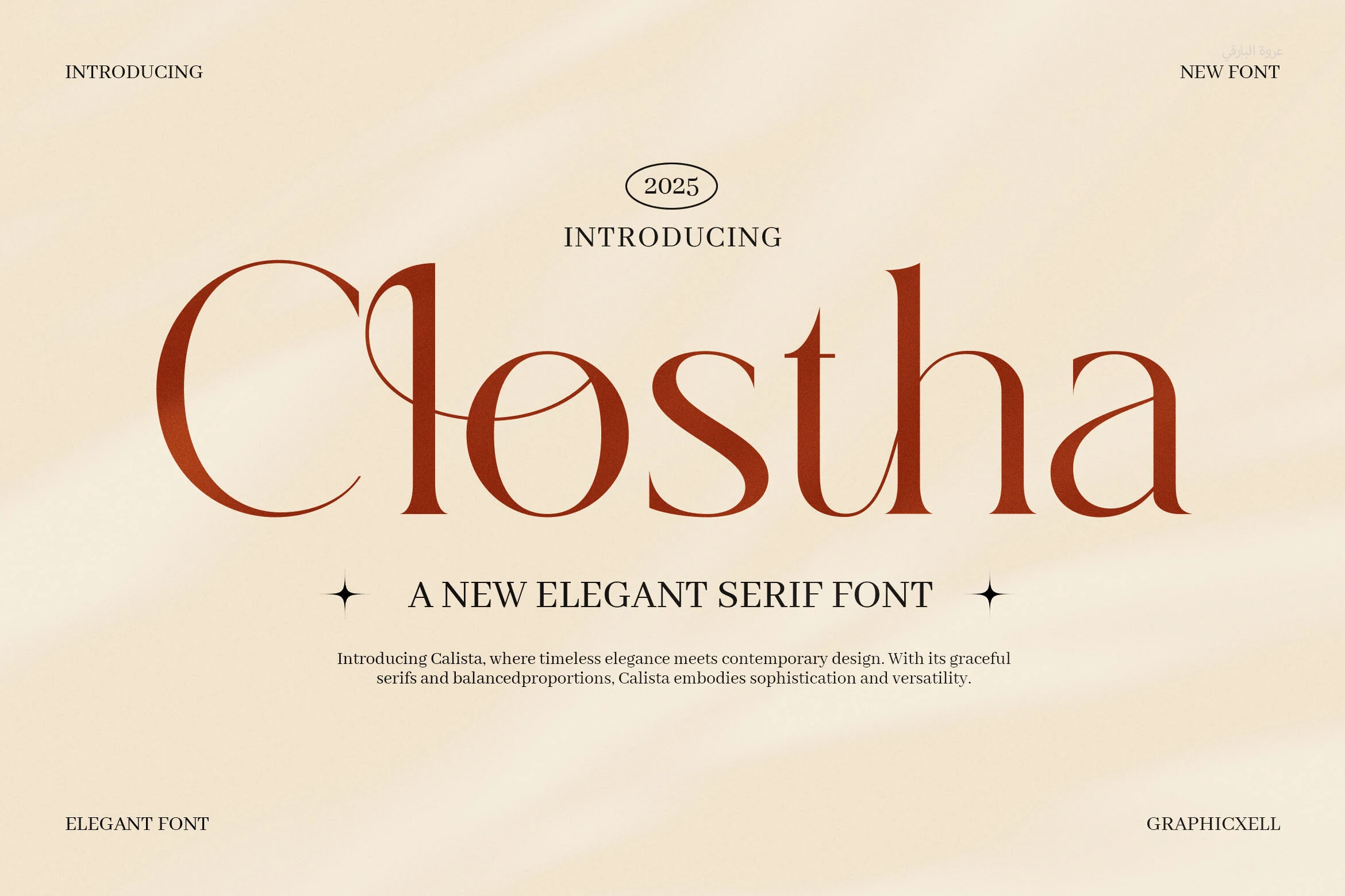 Clostha Font preview with elegant high-contrast serif lettering in rust brown