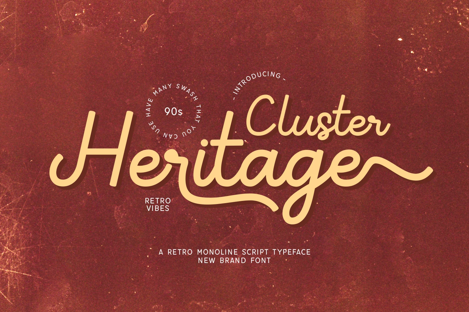 Cluster Heritage Font preview with cream monoline retro script lettering and flowing swashes