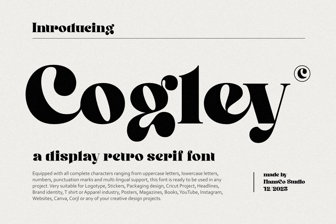 Cogley Font preview with bold black retro serif lettering and rounded display curves