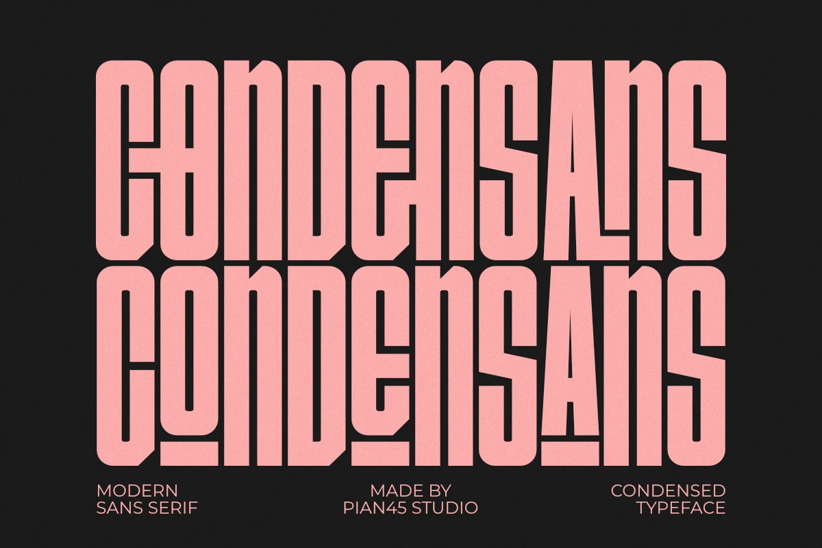 Condensans Font preview with ultra-condensed pink uppercase sans serif lettering