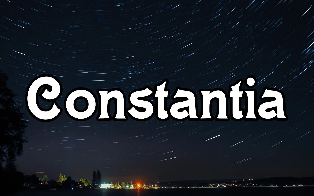 Constantia Font bold white serif lettering with black outline and rounded vintage shapes