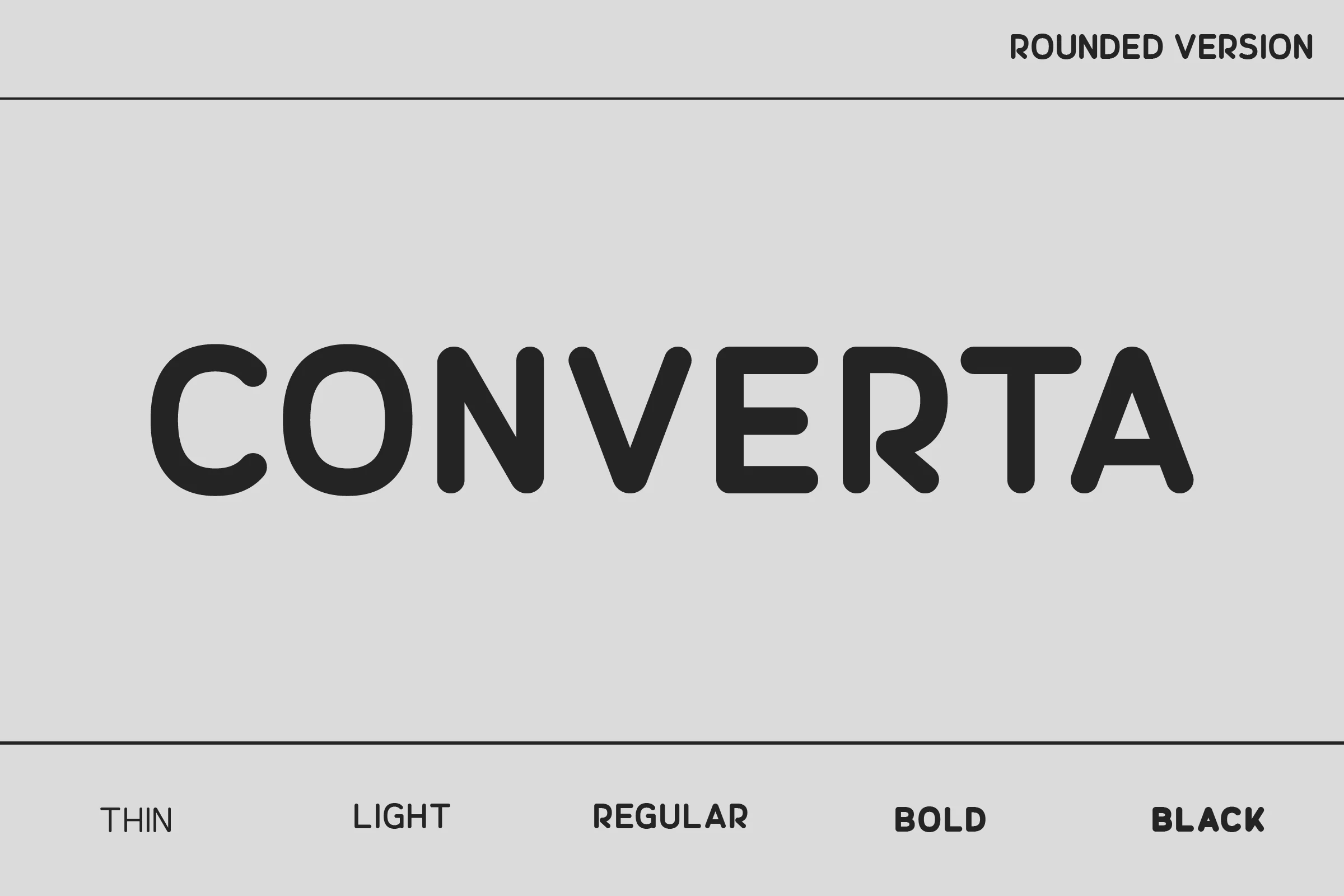 Converta Rounded Font preview with black rounded sans serif lettering on a light gray background