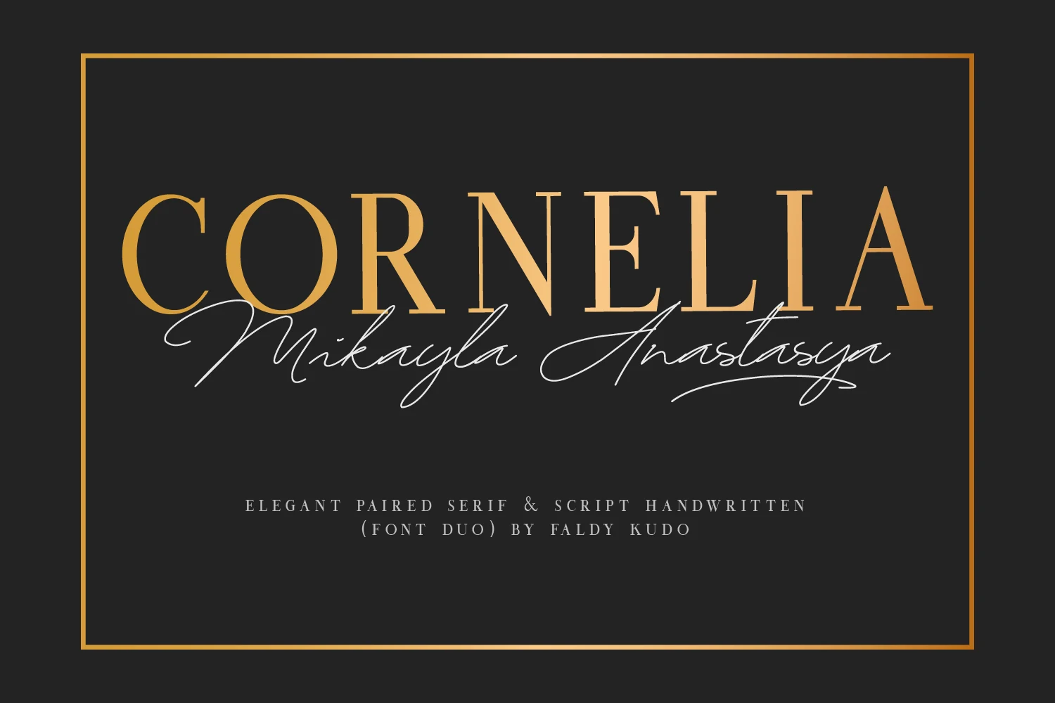 Cornelia Font Duo Font preview with gold serif capitals and white handwritten script