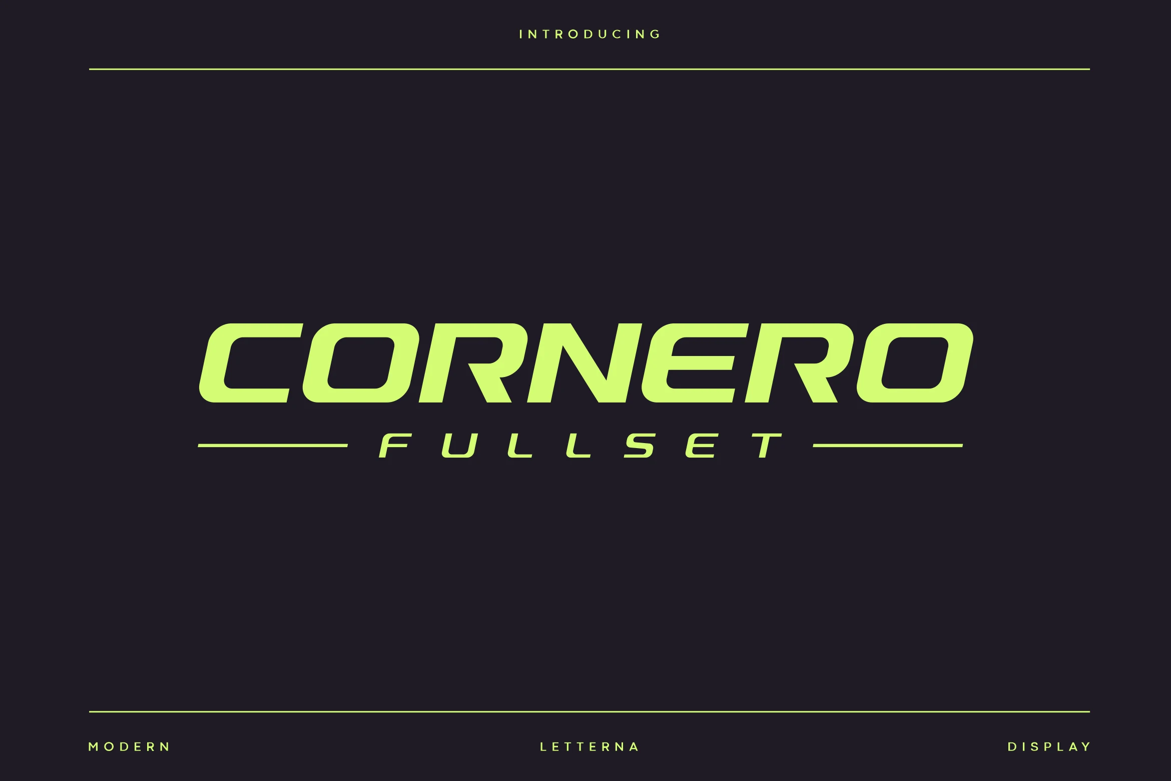 Cornero Font preview with wide italic geometric display lettering in neon green