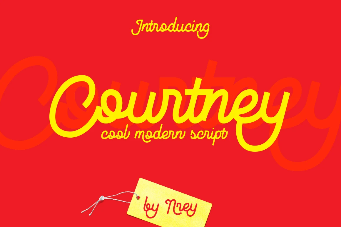 Courtney Font preview with yellow monoline retro script lettering, looped capital, and sharp terminals