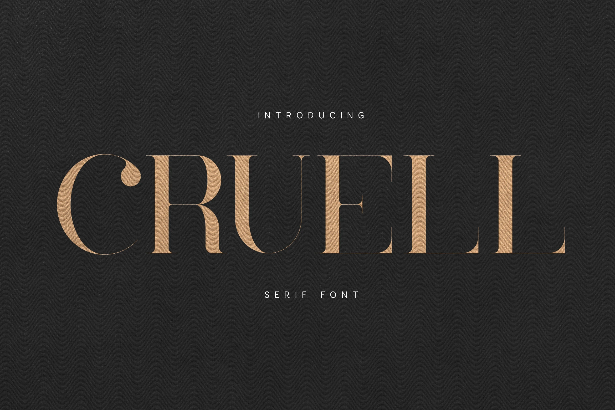 Cruell Font preview in tall gold serif capitals on a dark textured background