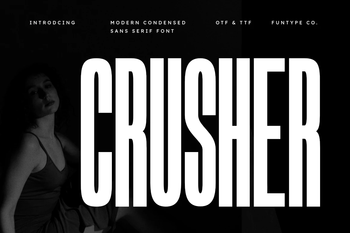 Crusher Font preview with tall white condensed sans serif lettering