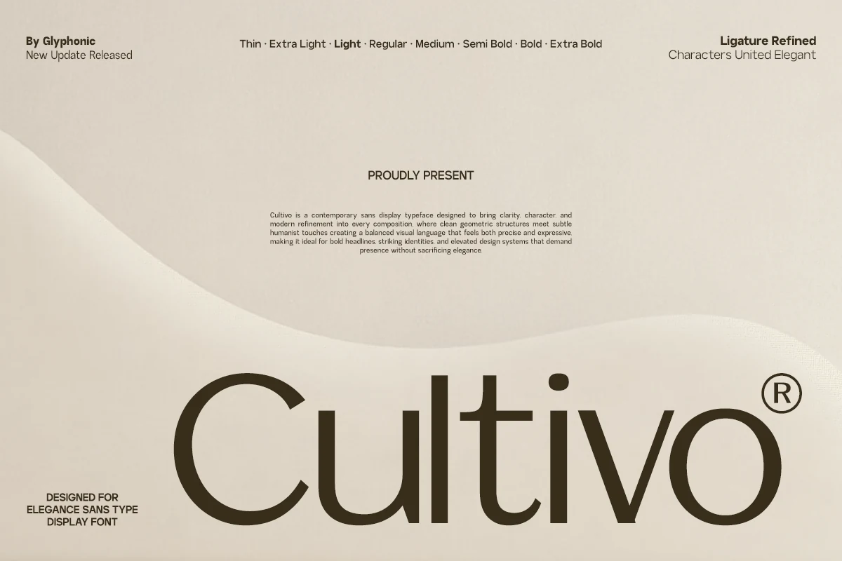 Cultivo Font preview with bold brown sans serif lettering, rounded geometric forms, and clean display styling
