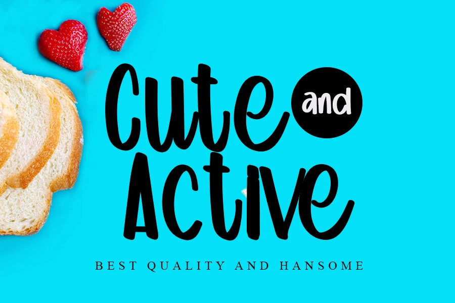 Cute and Active Font preview with bold rounded black handwritten lettering on a bright blue background
