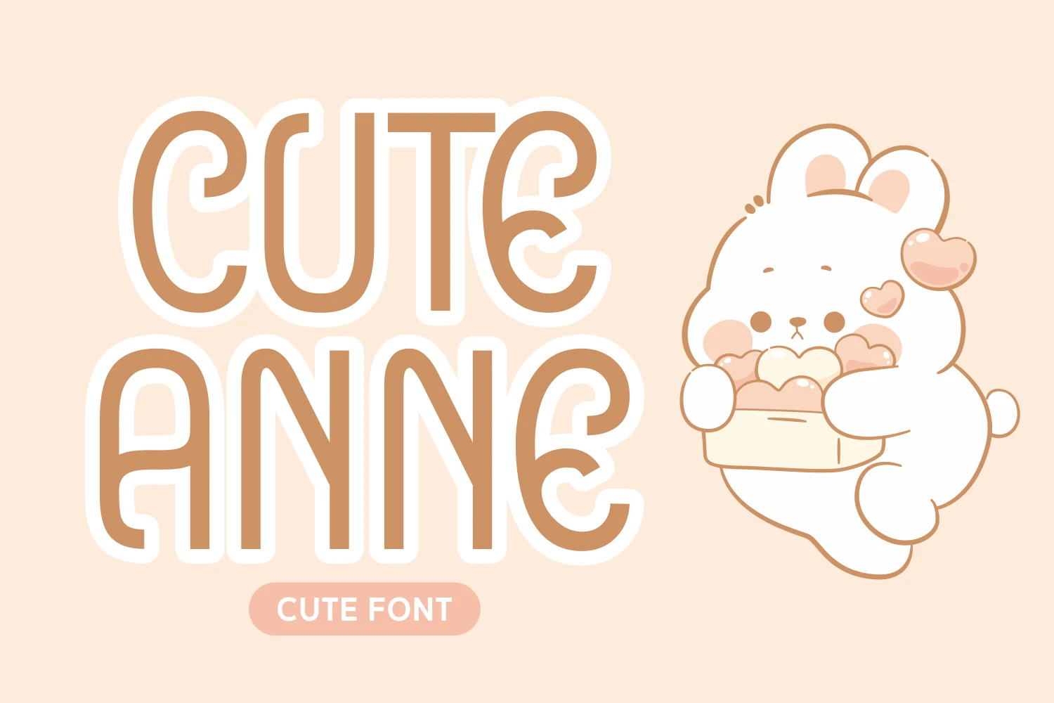 Cute Anne Font preview with rounded tan uppercase letters and playful hand-drawn style