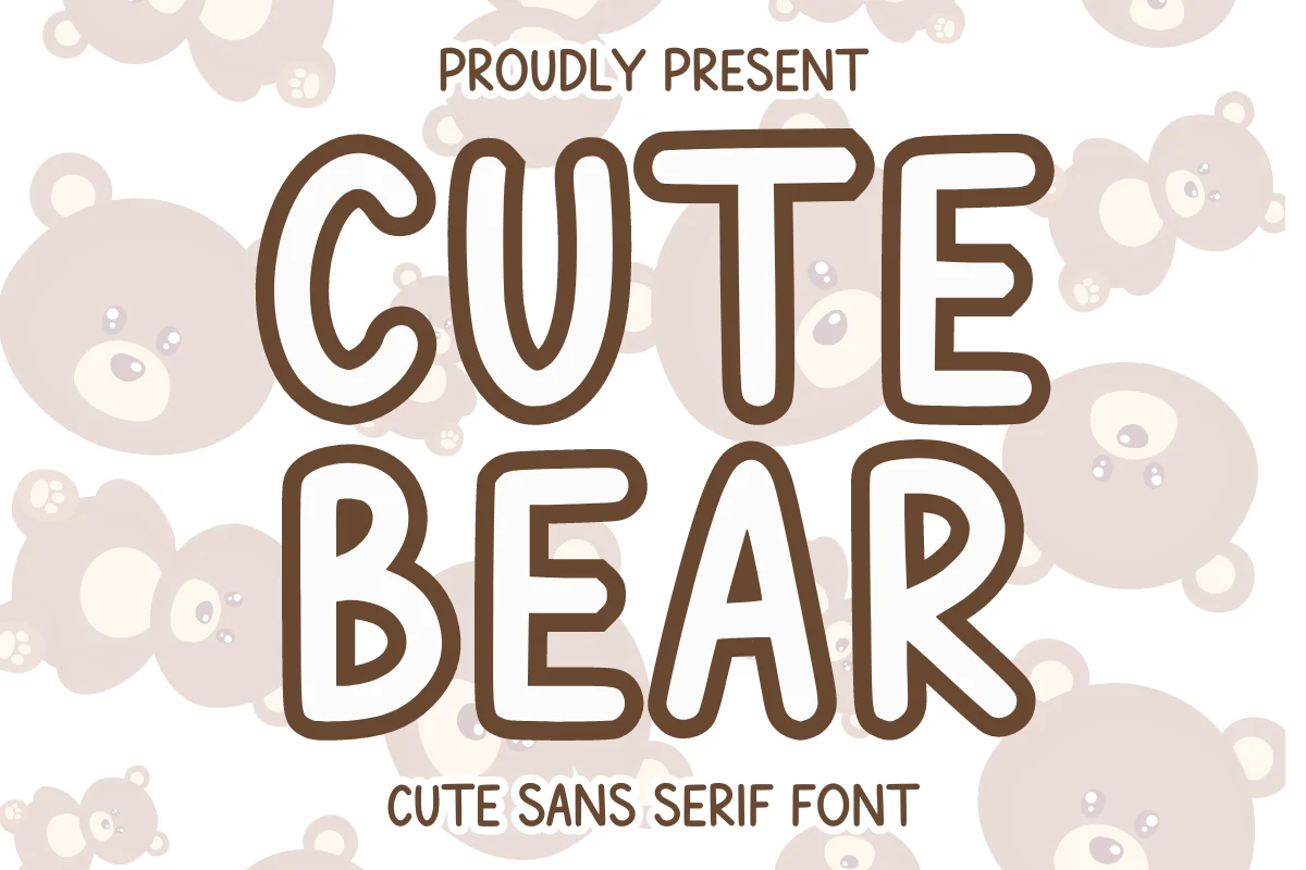 Cute Bear Font preview with rounded white sans letters and thick brown outline