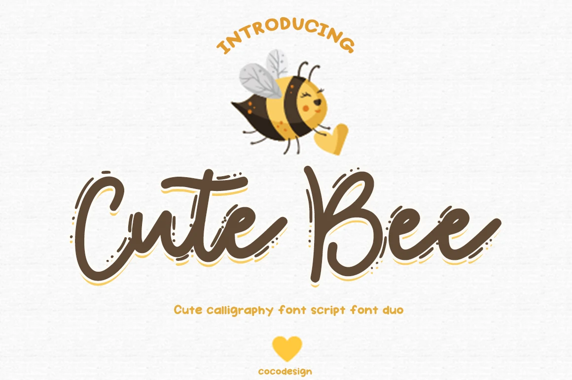 Cute Bee Font preview with brown calligraphy script, long swashes, and yellow accent strokes