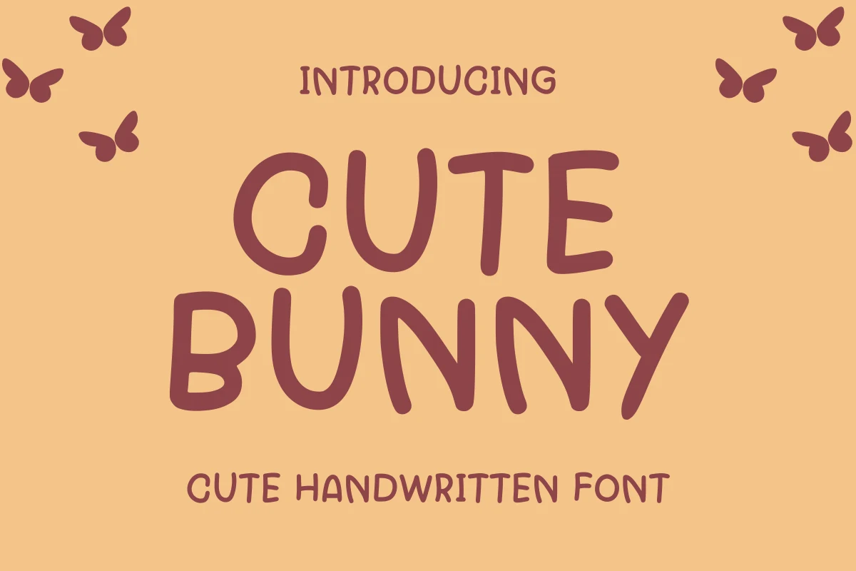Cute Bunny Font preview with rounded burgundy handwritten letters on a peach background