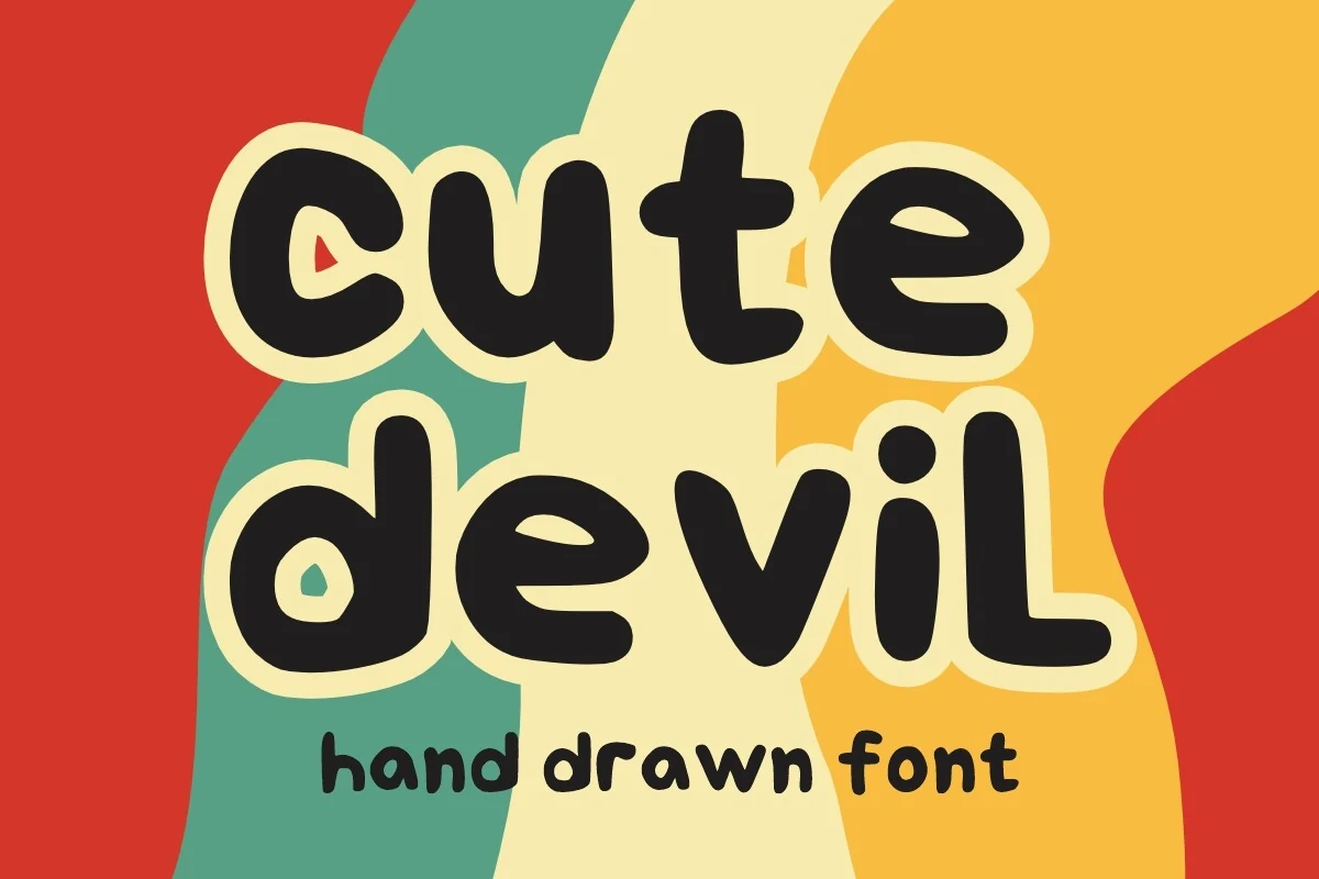 Cute Devil Font preview with chunky black rounded lowercase lettering and cream outline
