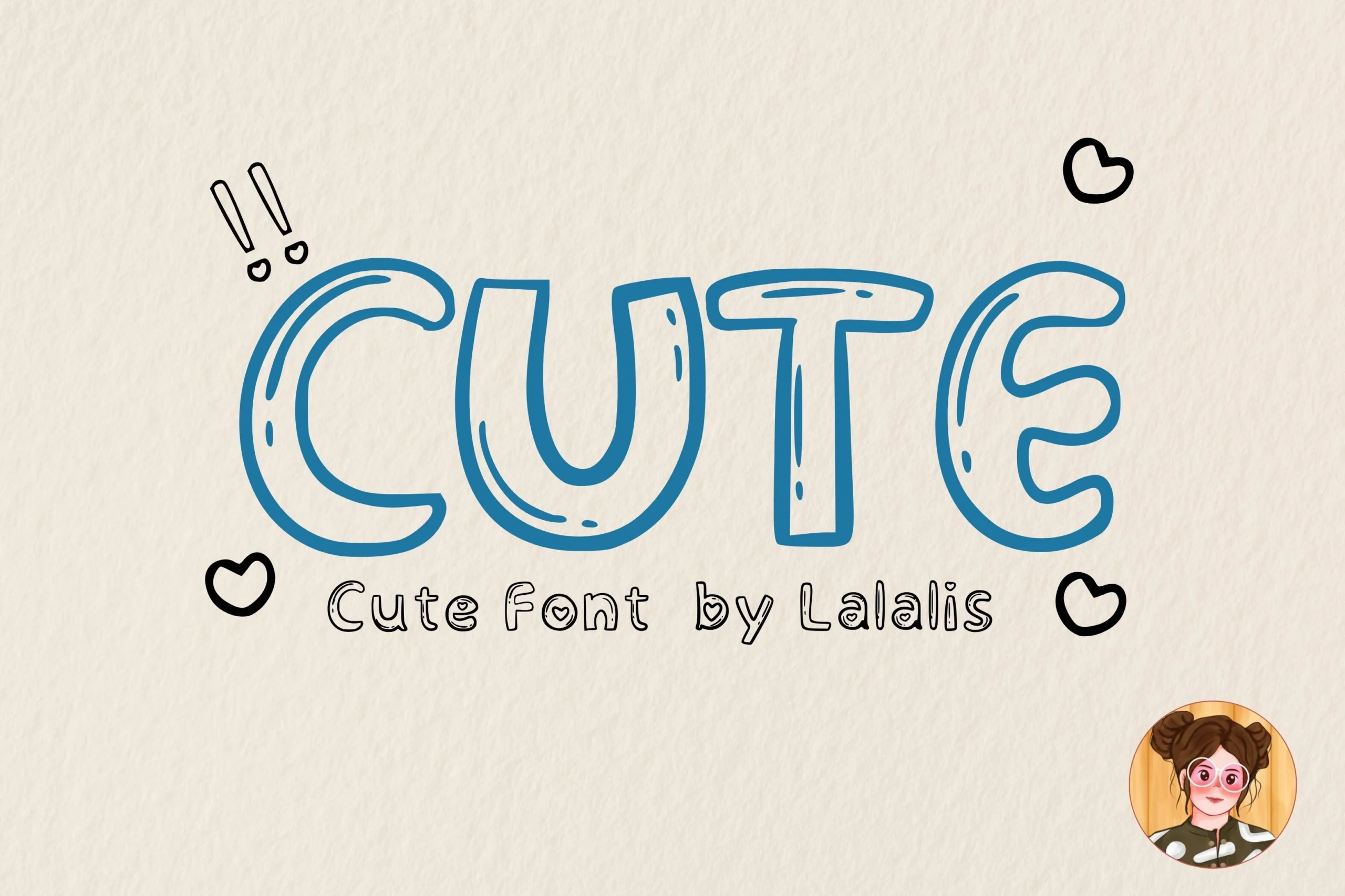 Cute Font preview with rounded blue bubble-style lettering and doodle hearts
