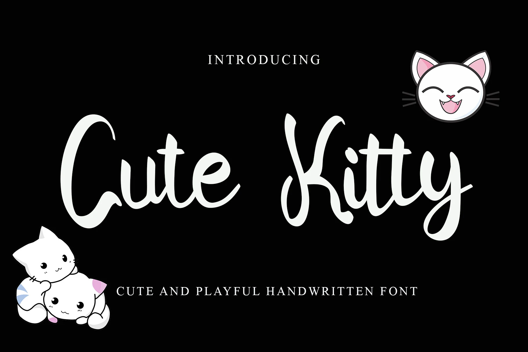 Cute Kitty Font preview with white playful handwritten script, rounded strokes, and bouncy baseline