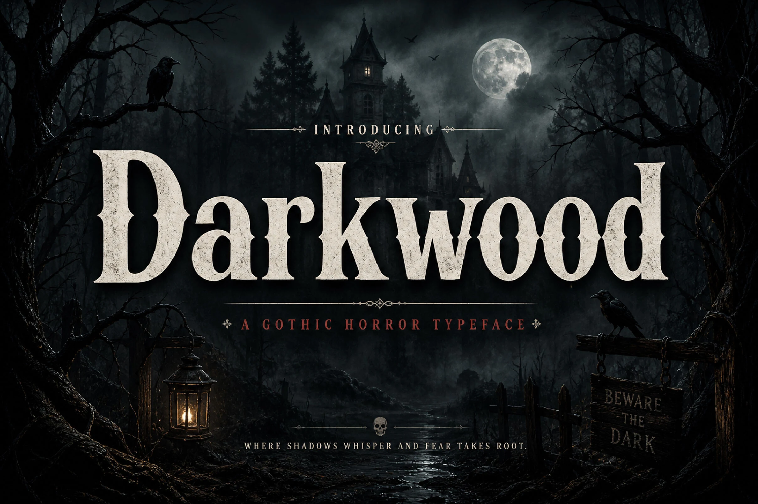 Darkwood Font preview with bold distressed serif lettering in a gothic vintage style