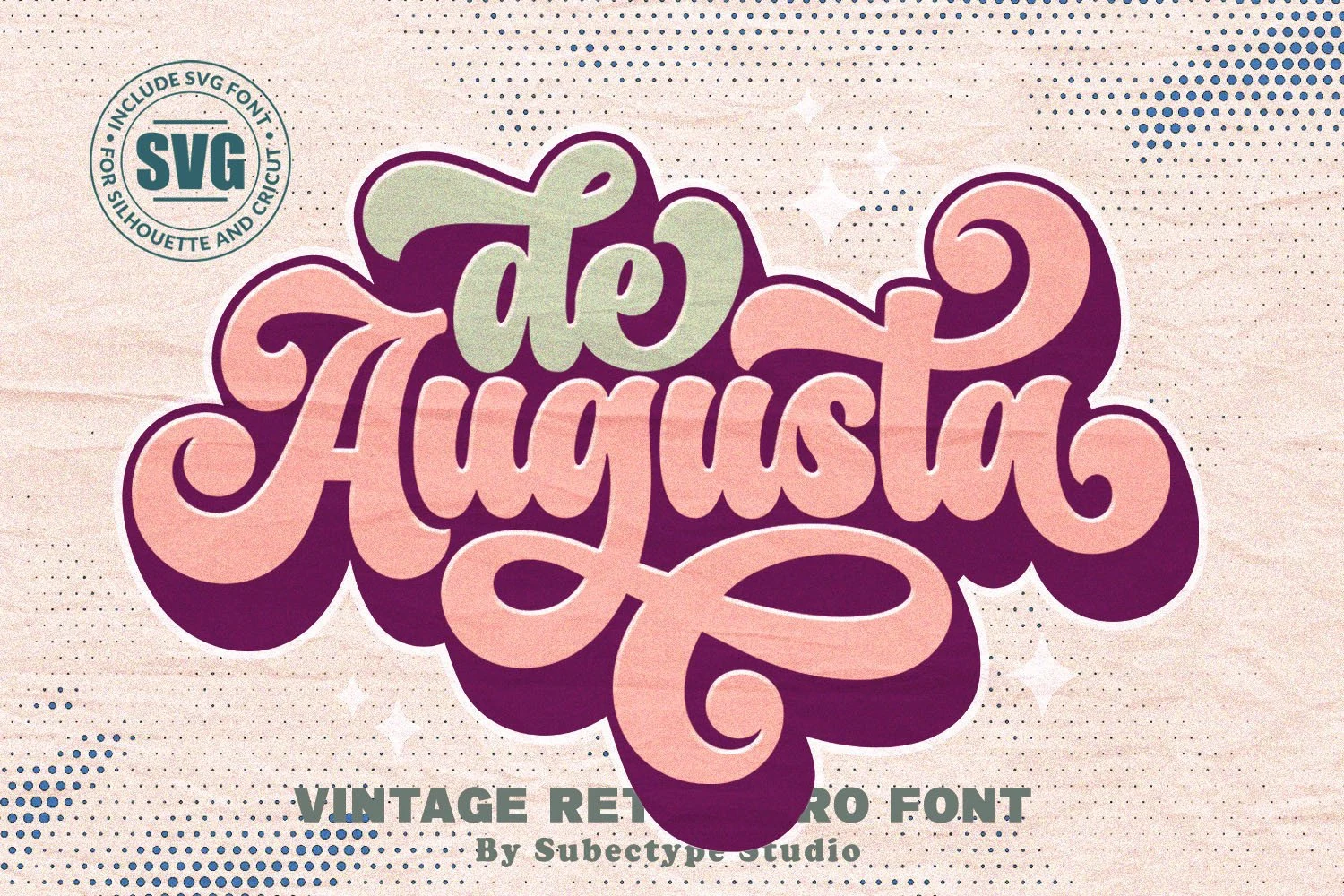 De Augusta Font preview with bold retro script lettering, curled swashes, and rounded pink letterforms