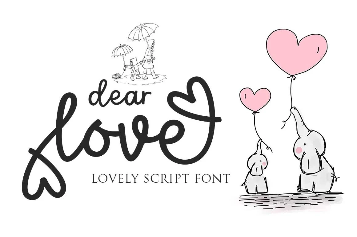 Dear Love Font preview with thick black script lettering and a heart-shaped swash