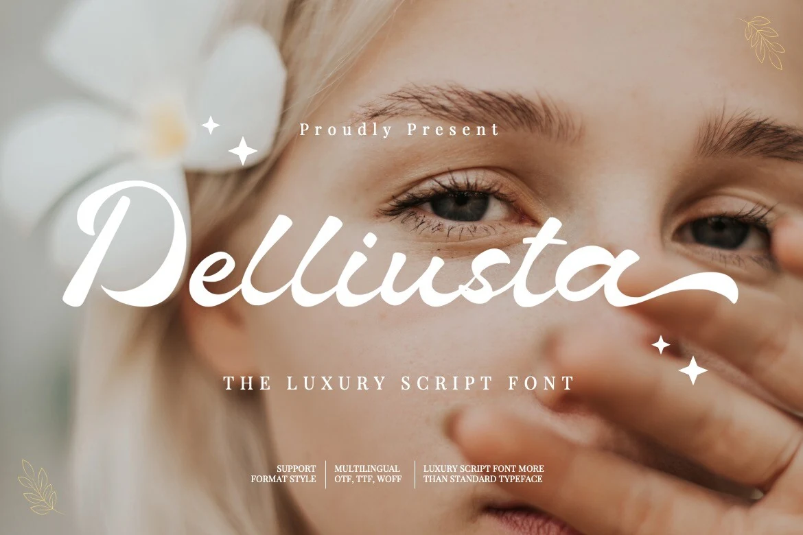 Delliusta Font preview in bold white script with rounded handwritten letters and a sweeping final swash
