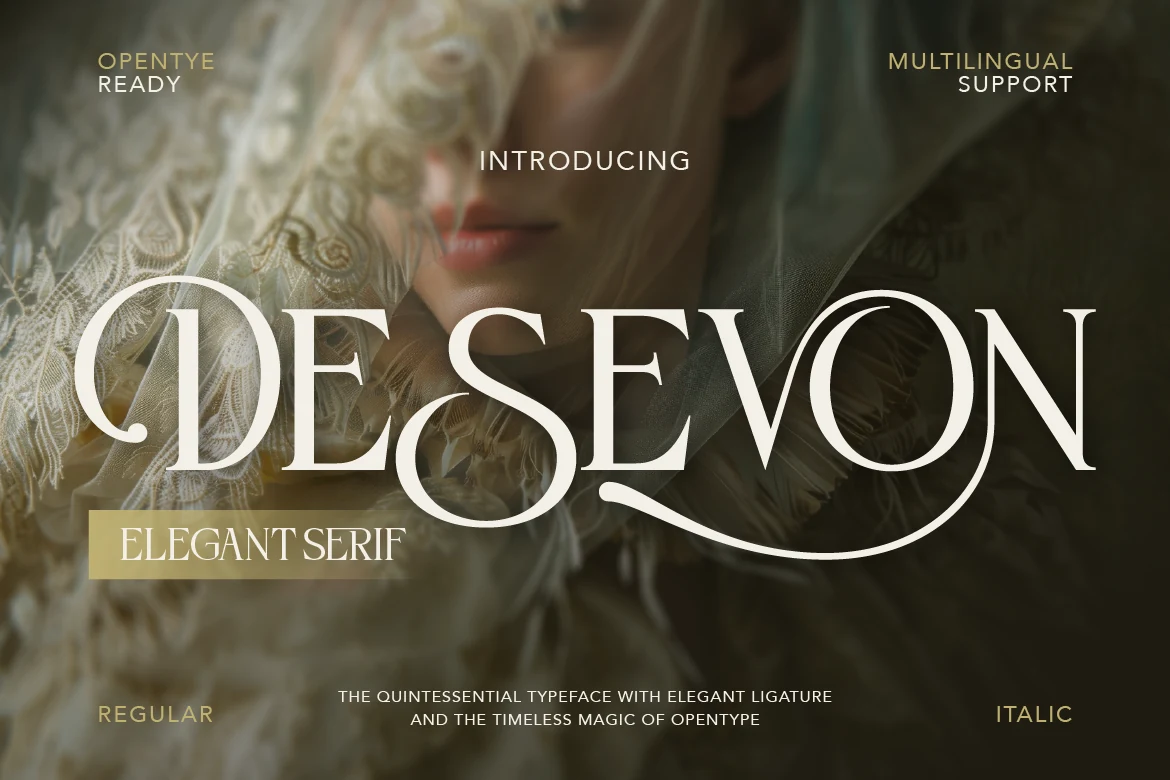 Desevon Font preview with elegant white serif lettering, high contrast strokes, and a sweeping swash