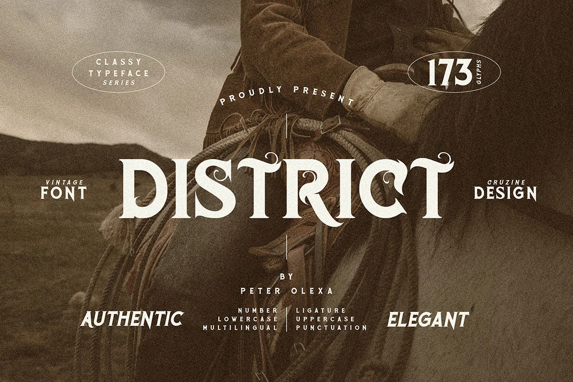 District Font preview with ornate white vintage serif lettering and curled terminals