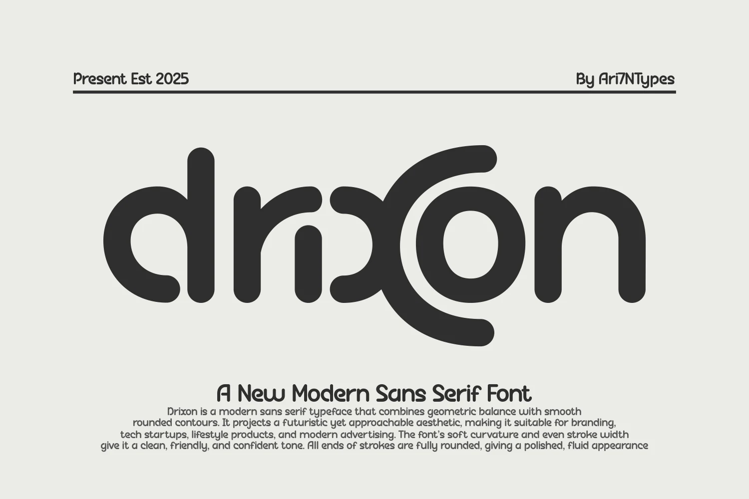 Drixon Font preview with rounded geometric sans serif lettering in a bold dark style