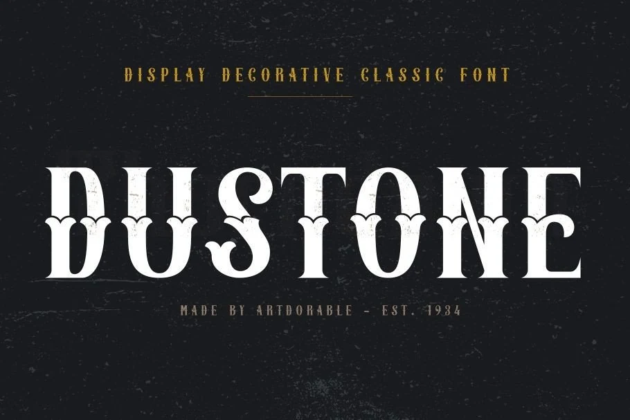Dustone Font preview with bold decorative vintage serif lettering in white on a dark background