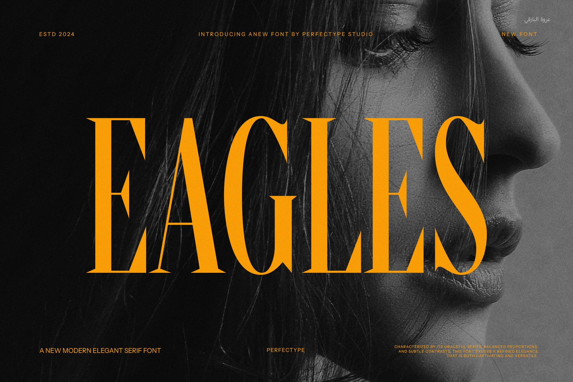 Eagles Font preview with tall golden vintage serif lettering and sharp high-contrast strokes
