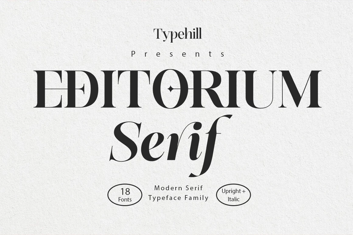 Editorium Serif Font preview in high-contrast editorial serif lettering with upright capitals and an italic wordmark