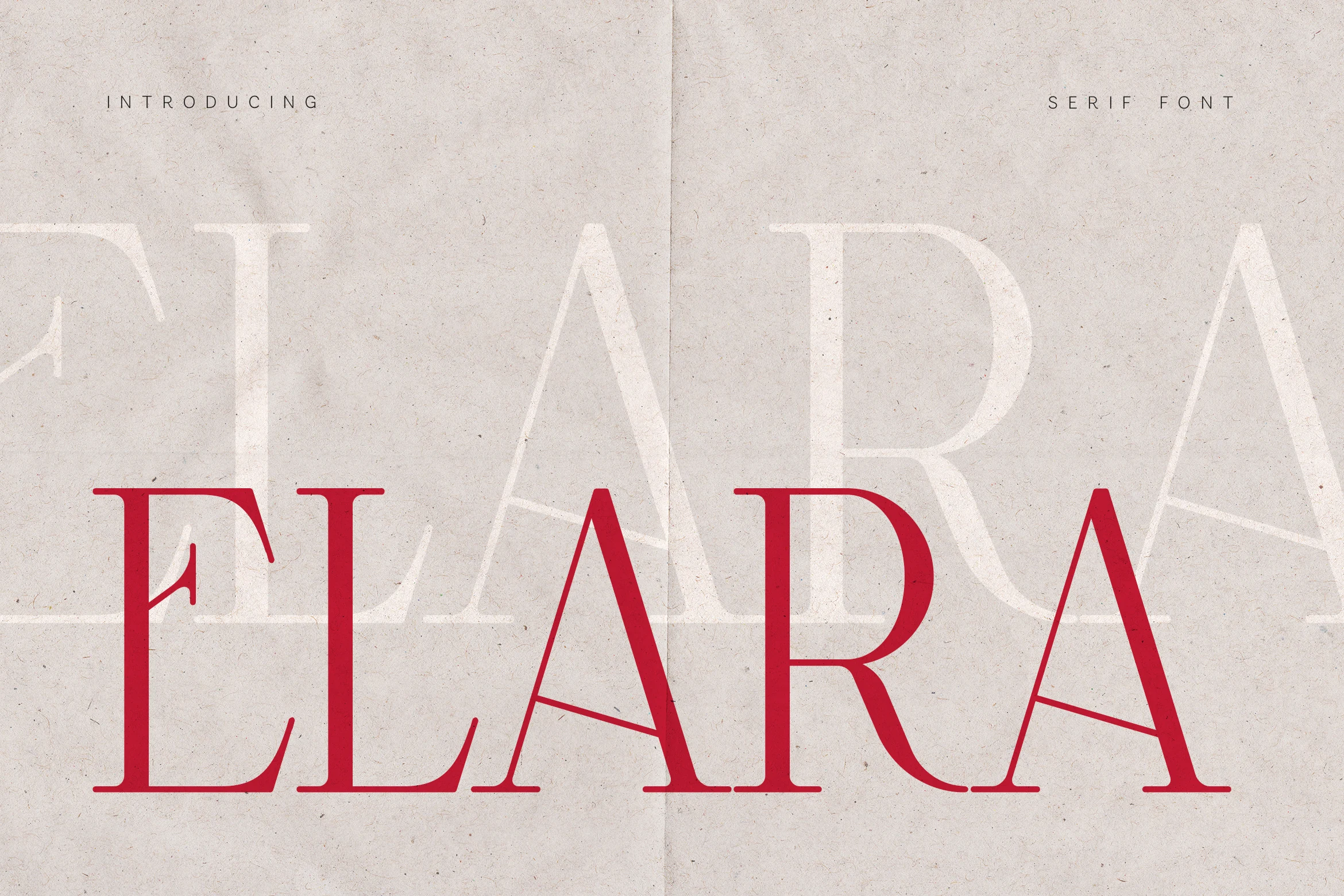 Elara Font preview in bold red serif capitals with fine high-contrast strokes