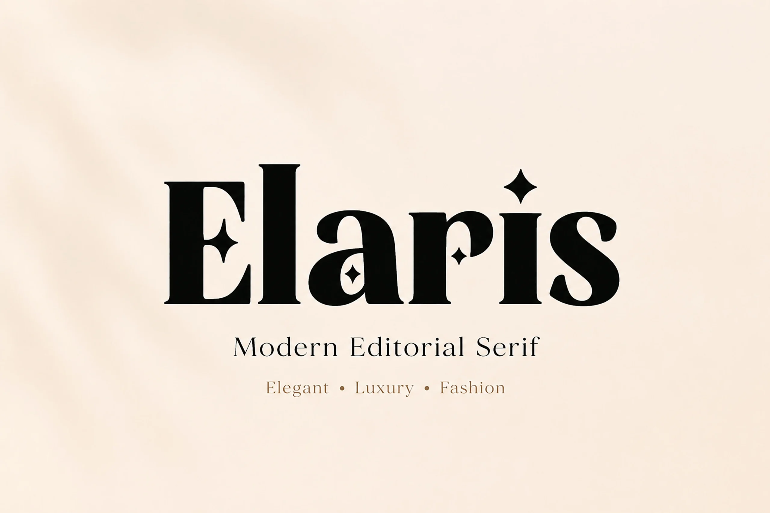 Elaris Font preview with bold black serif lettering and small diamond accents