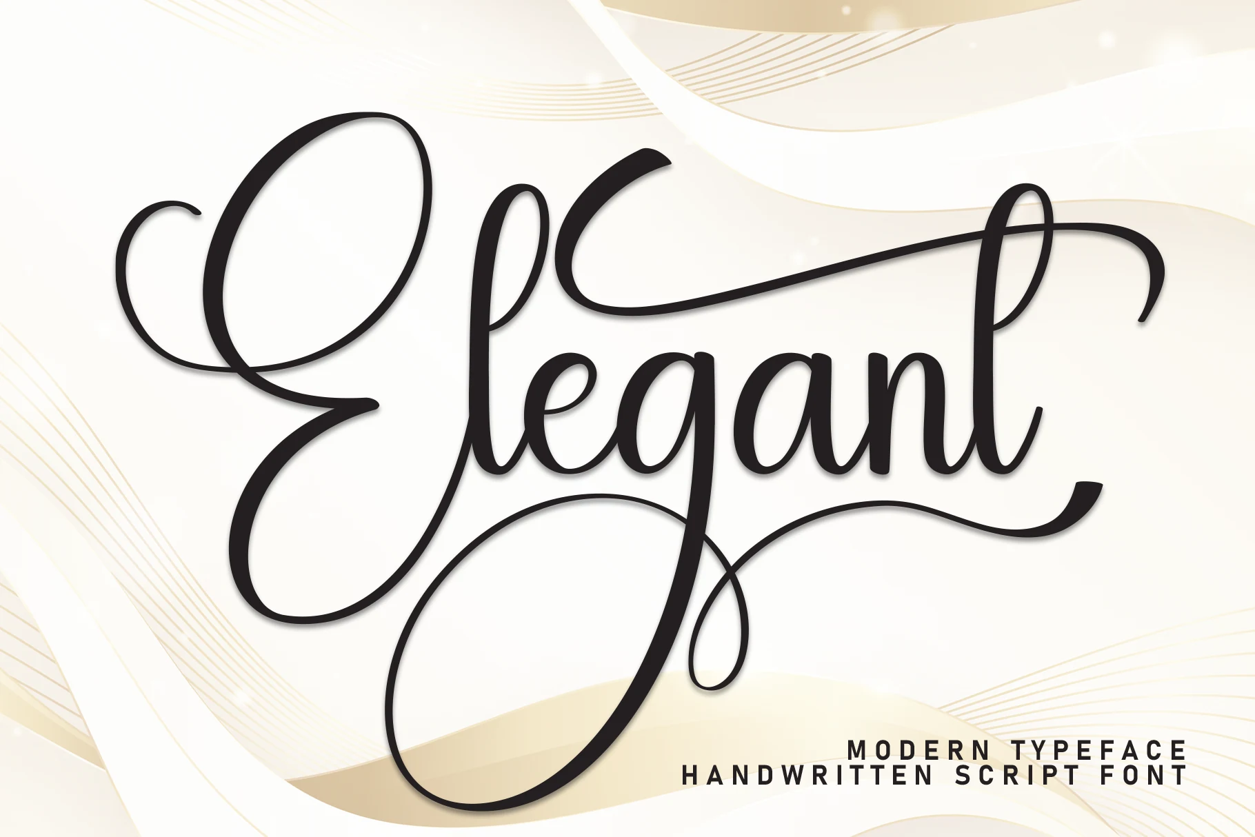 Elegant Font preview with flowing black script, oversized swashes, and tall looping letterforms